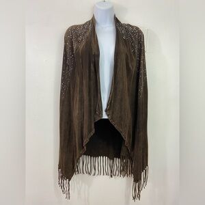 Western Fringe Cardigan Jacket Brown Studded Sz Large Cowgirl Festival Hippie
